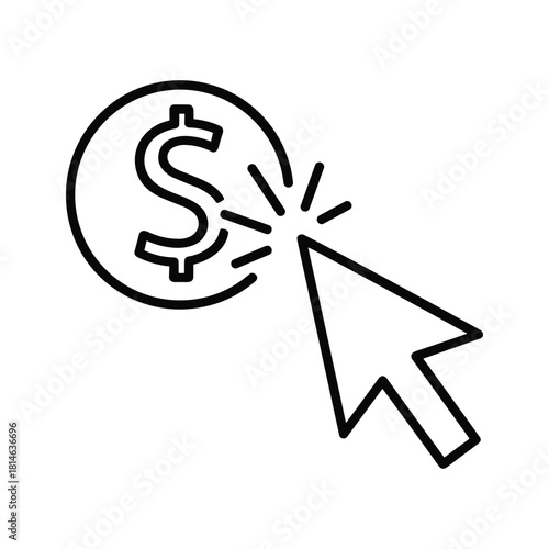 Black and white line icon representing pay per click advertising concept with cursor clicking a dollar sign coin isolated on