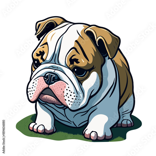 Cute cartoon style bulldog sitting on grass sticker isolated white background.Isolated transparent background ( include cut-out PNG file )