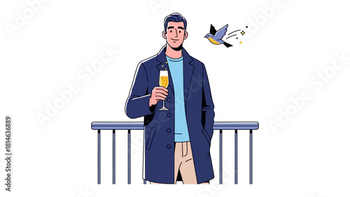 Man with Wine: A distinguished man, exuding elegance, savors a glass of wine, embracing leisure and sophistication while a bird flits by.
