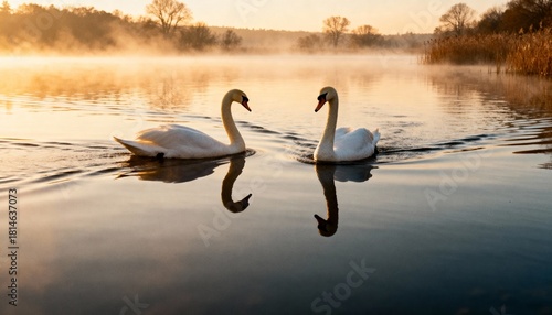 Fototapeta Naklejka Na Ścianę i Meble -  serene sunrise waterscape with two swans and soft golden reflections