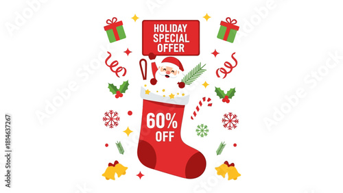 Holiday Special Offer: Christmas-themed illustration features a festive red stocking overflowing with holiday cheer, set against a backdrop of gifts, snowflakes, and holiday elements.