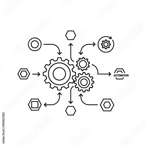 Line art icon representing process automation with interconnected gears and flow arrows isolated on