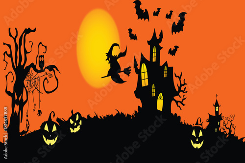 Halloween Background with Flying Witch Haunted Houses Jack-o-Lanterns and Full Moon