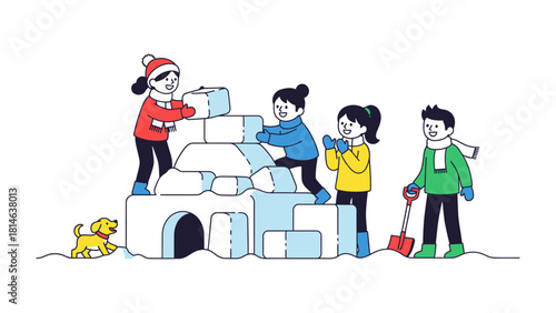 Building the Winter Fortress: A group of children collaboratively constructing a snow fort during winter, capturing the essence of childhood camaraderie. 