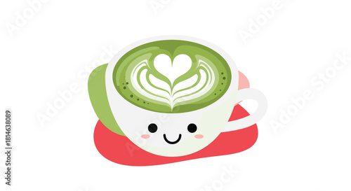 Adorable kawaii cartoon cup of green tea matcha latte with a smiling face and beautiful heart-shaped latte art on top.