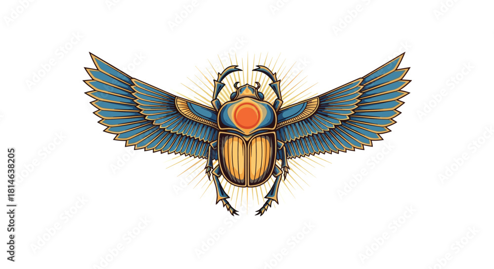 Fototapeta premium A detailed and ornate illustration of a sacred Egyptian scarab beetle with outstretched wings and a sun disk on its back.