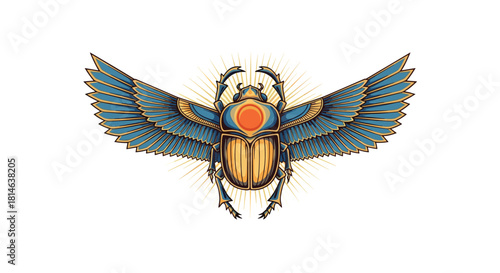 A detailed and ornate illustration of a sacred Egyptian scarab beetle with outstretched wings and a sun disk on its back.