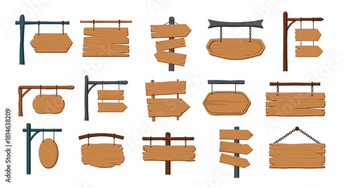 A large collection of various vintage wooden signs signboards and arrow pointers hanging or on posts isolated on a white background.