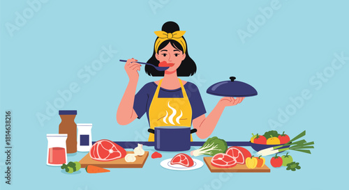 A happy woman in an apron is cooking a meal in the kitchen tasting soup from a steaming pot surrounded by fresh ingredients.