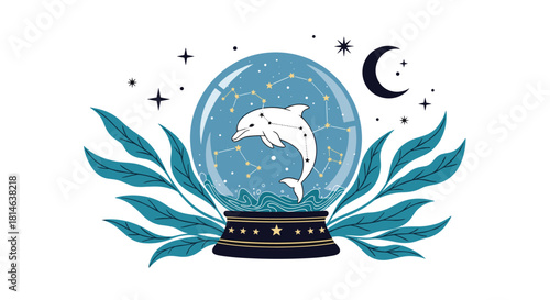 A mystical crystal ball illustration containing a dolphin constellation against a starry night sky surrounded by beautiful green leaves.