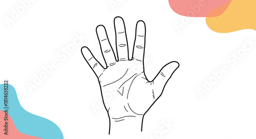 A simple black and white line drawing of an open human hand palm up with visible palm lines against abstract colorful shapes.