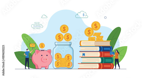 A financial concept illustration showing people saving money in a piggy bank and investing in education with books and coins.