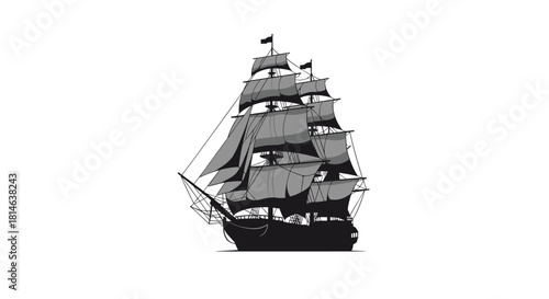 A detailed black and white silhouette of a majestic historic tall ship or galleon with full sails isolated on a white background.