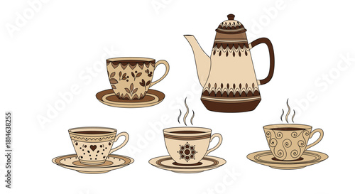 A cozy set of hand-drawn coffee pot and cups with saucers featuring intricate brown folk art patterns isolated on white.