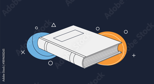 A minimalist isometric line art illustration of a closed book against a dark background with simple geometric shapes and circles.