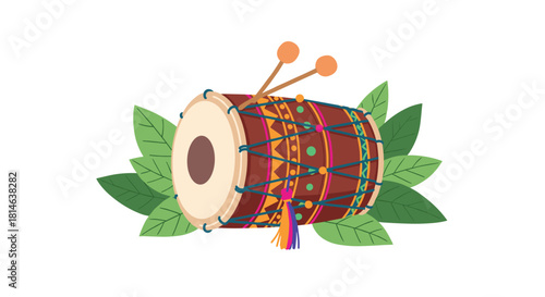 A colorful illustration of a traditional dhol drum with drumsticks decorated with tassels and surrounded by green leaves for a celebration.