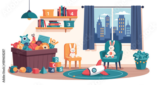A cozy and messy children's playroom with a toy box full of toys a rocket a bunny and a view of the city at night.
