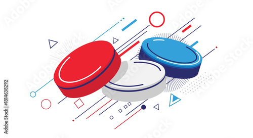A dynamic and abstract composition of red white and blue ice hockey pucks with geometric shapes and lines on a white background.