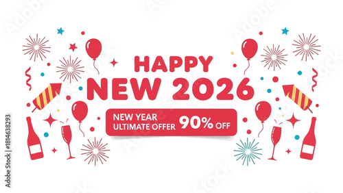 New Year 2026 Celebration: A vibrant banner celebrating the dawn of 2026, offering a special discount, with festive elements. 