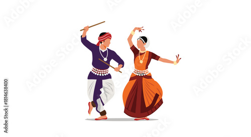 A vibrant illustration of a man and woman performing a traditional Indian folk dance in colorful ethnic clothing and jewelry.