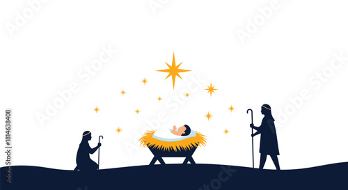 A beautiful and minimalist silhouette illustration of the nativity scene with Mary Joseph and baby Jesus in a manger under a bright star.