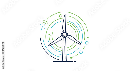 A minimalist line art icon of a wind turbine surrounded by circular arrows representing renewable energy and sustainable power generation.