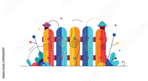 A whimsical and colorful wooden fence decorated with swirls and bright patterns surrounded by playful plants and abstract shapes.