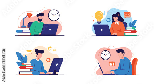 A set of four illustrations showing diverse people working or studying at their desks with laptops books and other office supplies.