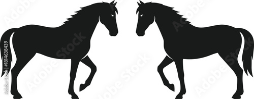 Horse silhouette illustration, black horse vector, elegant animal pose, symmetrical design, equine art, minimal style, facing horses, graceful movement