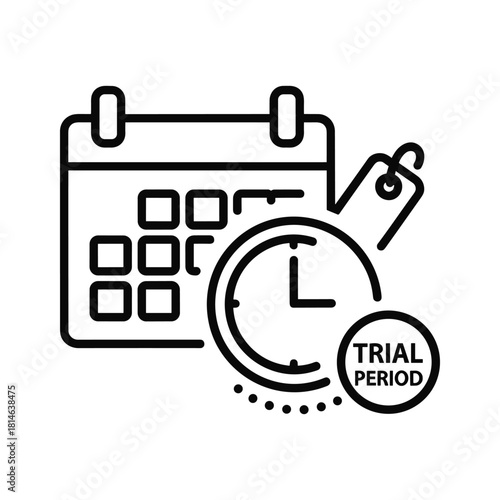 Black and white line icon representing a trial period with a calendar, clock, and price tag symbol