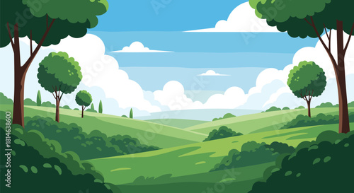 A beautiful and peaceful cartoon landscape of rolling green hills with trees and fluffy clouds in a bright blue summer sky.
