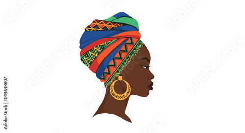 A beautiful profile portrait of a black woman wearing a colorful traditional African head wrap or turban and large golden earrings.