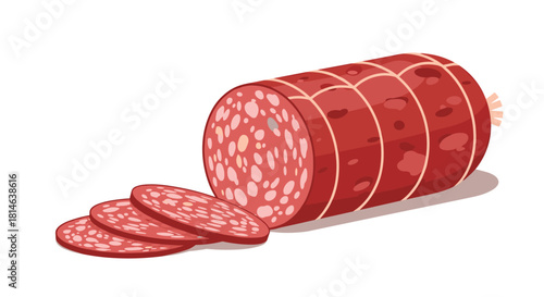 A detailed vector illustration of a partially sliced salami or pepperoni sausage with a net pattern and several round cut slices.