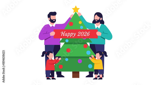 A Festive Family: In a cheerful illustration, a family comes together to adorn a vibrant christmas tree for the upcoming year 2026. This heart warming scene captures the essence of holiday joy.