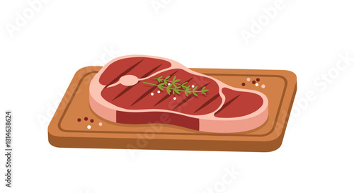 A delicious-looking raw beef steak with grill marks and a sprig of thyme resting on a wooden cutting board with peppercorns.