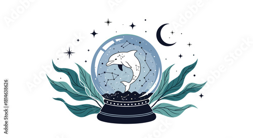 A magical crystal ball illustration with a dolphin constellation inside surrounded by leaves under a crescent moon and twinkling stars.