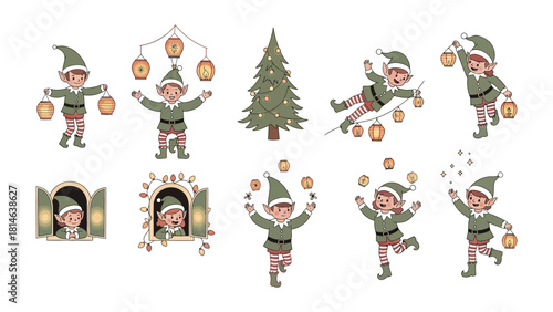 Christmas Elf Clipart Set: A festive collection of whimsical Christmas elves in various playful poses, each brimming with holiday spirit.