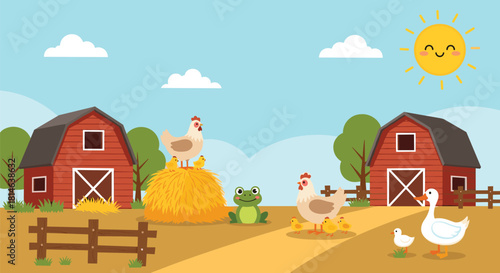 A charming and sunny farm scene with red barns chickens a duck a frog and a haystack under a happy smiling sun.