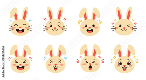 A cute collection of eight rabbit face emoticons showing a variety of expressions like happiness sadness anger surprise and winking.