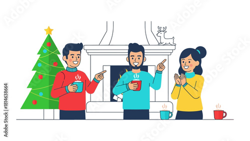 Festive Gathering: Friends enjoy a cozy holiday gathering, sharing warmth and cheer by a fireplace, the glow of the fire, the Christmas tree adding a touch of festive flair.