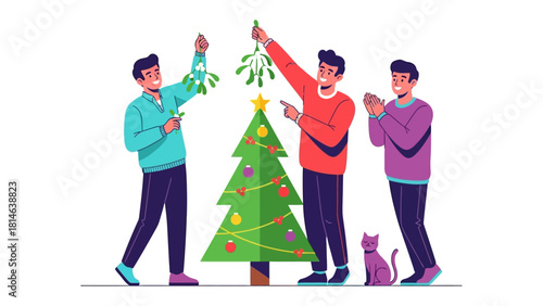 Festive Friends: A vibrant scene captures the essence of holiday cheer as three friends decorate a Christmas tree with mistletoe. 