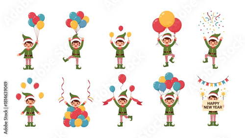 Playful Elf Celebration: An array of adorable elves, each brimming with glee as they revel in a festive celebration, complete with balloons, confetti, and joyful displays. 