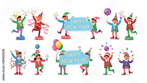 Festive Elves Celebrating New Year: A vibrant collection of whimsical elves joyfully celebrating the new year with confetti, balloons, and cheerful banners.