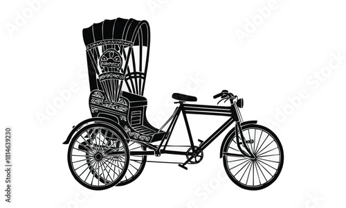 Vintage hand drawn sketch of a rickshaw bicycle with seating and canopy isolated on white background