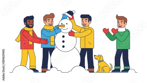 Building the Perfect Snowman: A team of friends collaborates in the frosty embrace of winter, constructing a cheerful snowman with mirth and camaraderie, complemented by a friendly canine companion.