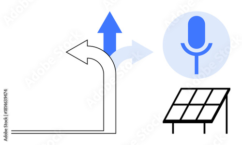 Konstfotografi Curved arrows indicating progression, blue microphone signifying innovation, and solar panel for clean energy
