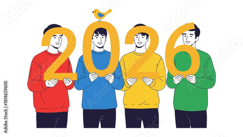 Future Outlook 2026: A group of individuals proudly display the year 2026, symbolizing anticipation and hope for the coming future. The image evokes a sense of unity, optimism and forward-thinking.