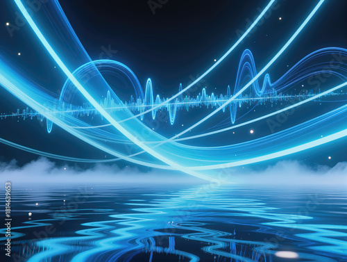 An abstract visual with blue neon light streams on a dark background and a misty, reflective water surface, themed around energy, data, or music.