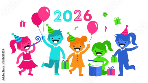 Cheerful 2026 Celebration: A jubilant group of children celebrate the arrival of the year 2026 with balloons, party hats, and gift boxes, set against a backdrop of festive confetti and excitement.