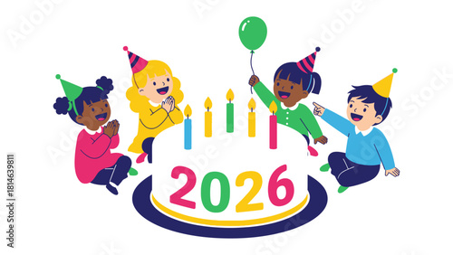 Child's Joyful Anniversary Celebration: A group of diverse children are joyfully celebrating an anniversary with cake and colorful balloons.